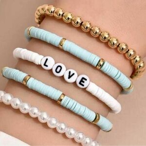NWT 5pcs/Set Bohemian Blue and Gold Colorful‎ Soft STRETCH Bracelets "Love”